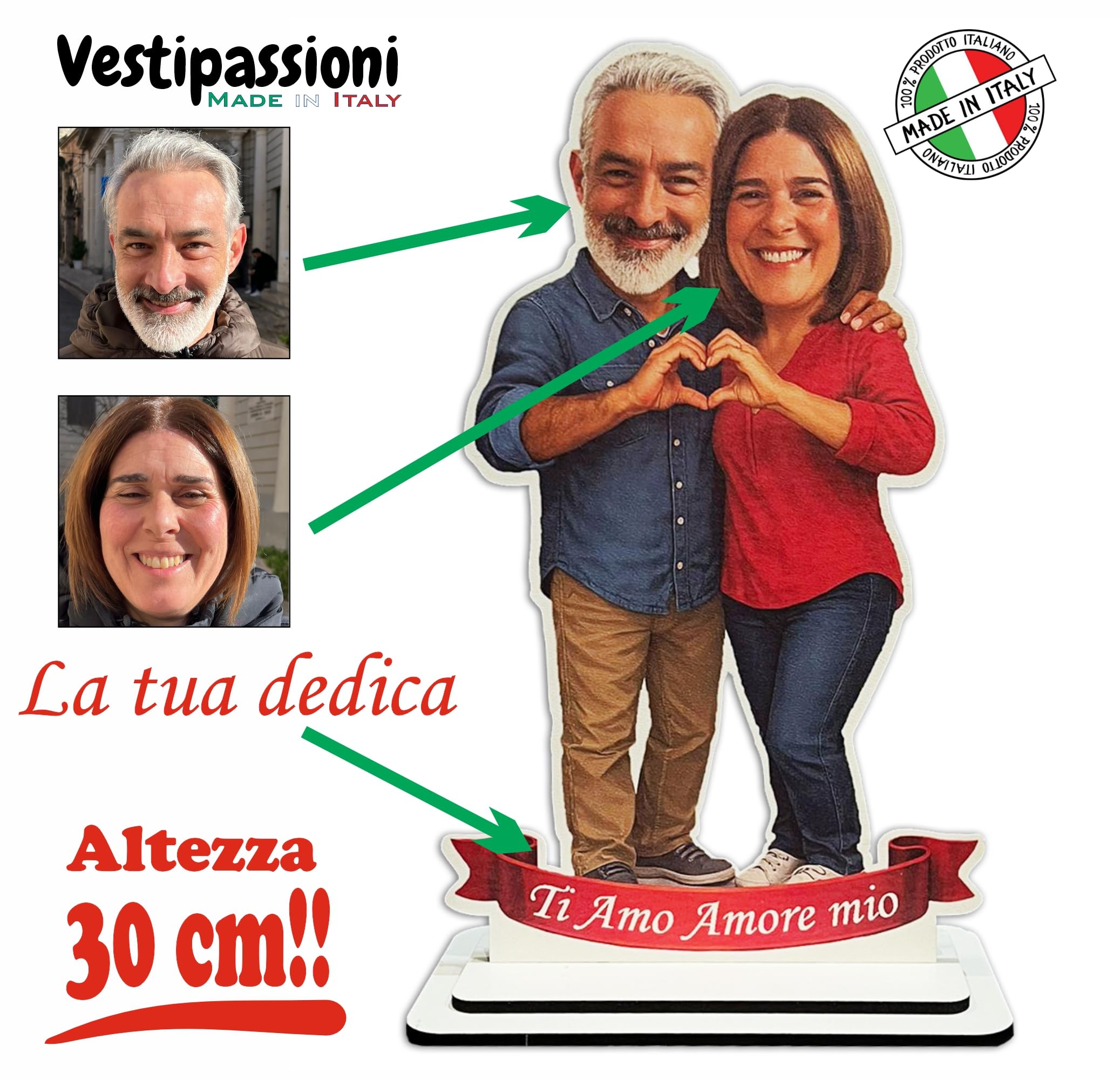 Vestipassioni Statuina Personalizzata Coppia con Foto – Decorazione in MDF 6 mm Alta 30 cm – Con Frase Personalizzabile – Anteprima via WhatsApp – Made in Italy