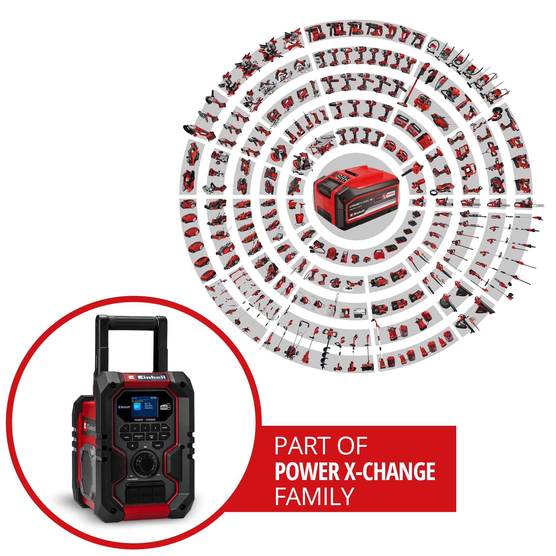 Einhell Radio de obra con batería TE-CR 18 Li DAB+/FM/BT - Solo Power X-Change (18 V, DAB+, FM, Bluetooth, AUX, USB, búsqueda automática de emisoras, pantalla TFT a color, IP65, sin batería)