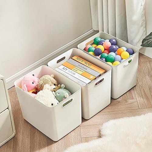 Miniatura 3 de Paquete de 4 cestas grandes de plástico blanco para almacenamiento, caja de juguetes con tapas y asa, contenedores organizadores para bebés, niños,