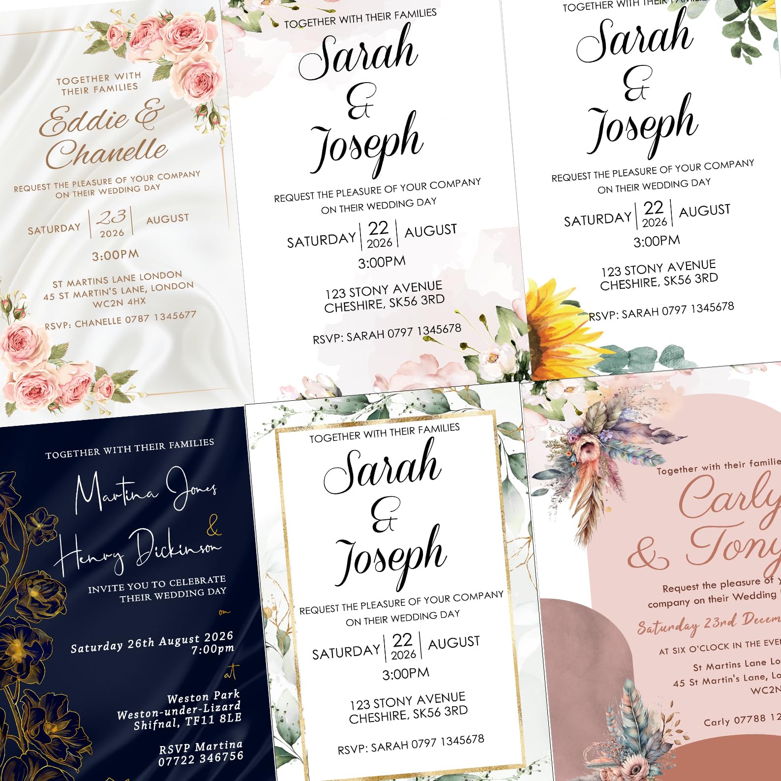 Wedding Invitations Personalised & Envelopes - Green Blue Gold Yellow Orange - Various designs