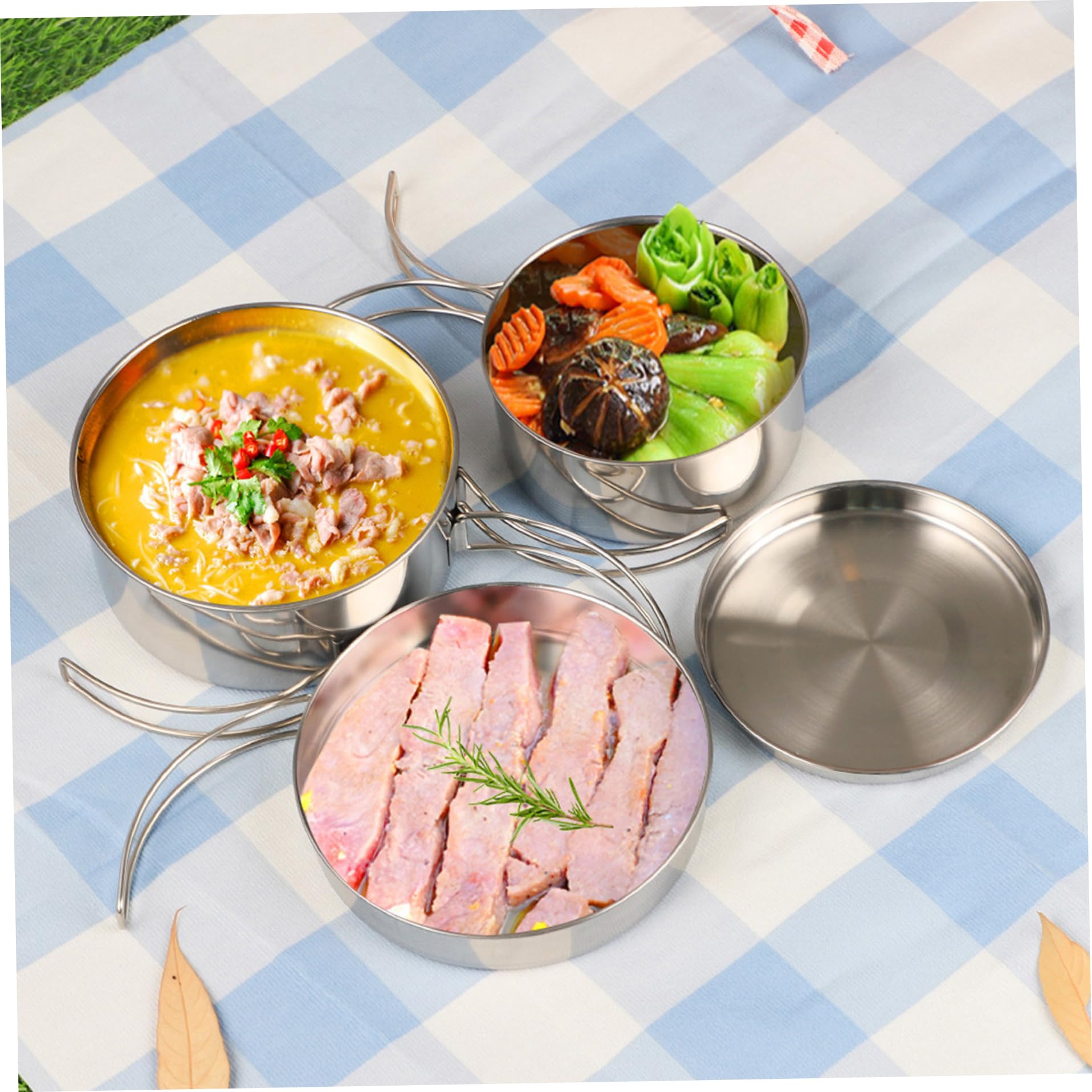Set da cucina da campeggio in acciaio inossidabile per 3-4 persone, pentole leggere impilabili per zaino in spalla e picnic