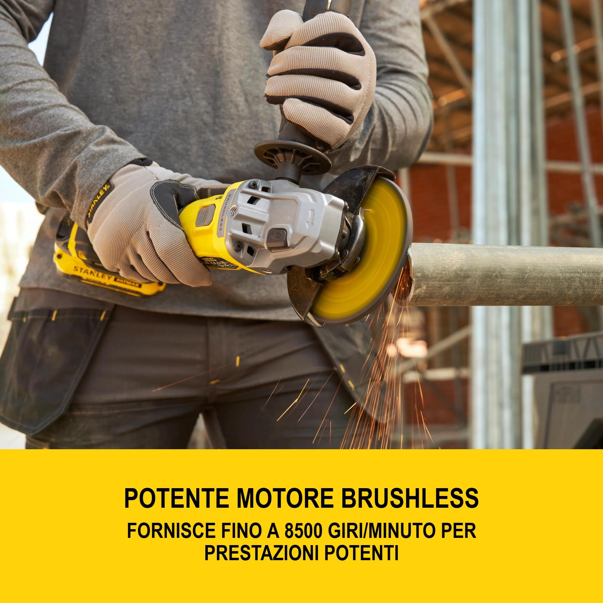 STANLEY FATMAX V20, smerigliatrice angolare Brushless da 125 mm, include batteria agli ioni di litio da 4,0 Ah, caricatore da 2 A e custodia PRO-STACK, 18 V, SFMCG710M1T-QW