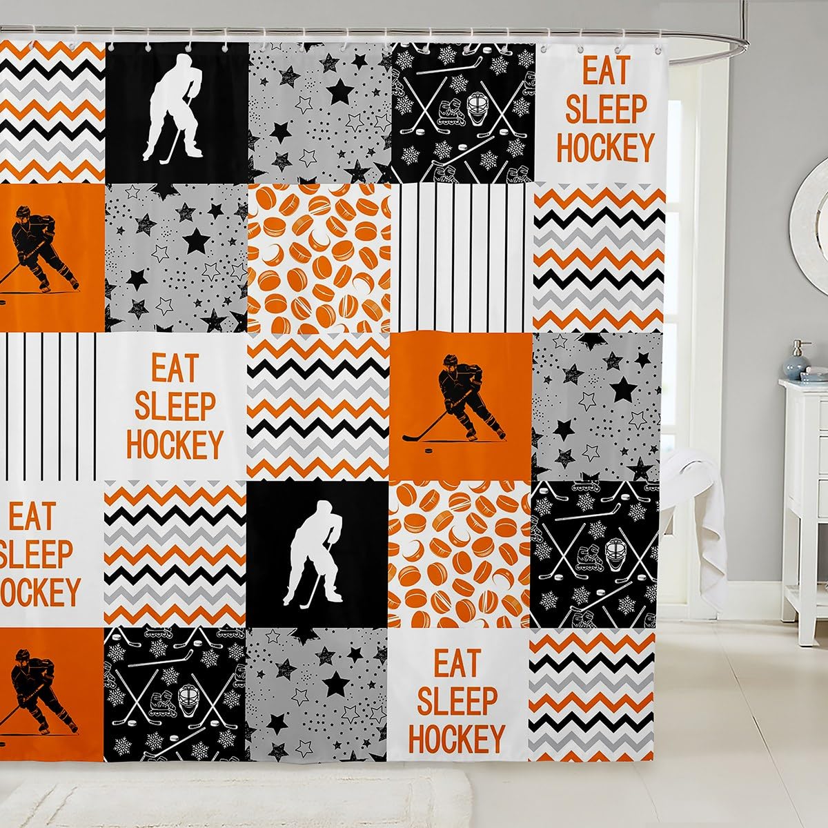 Ice Hockey Bath Curtain, Ice Hockey Player Shower Curtain Winter Puck Sports Bathtub Shower Curtain Geometric Stripes Lines Shower Curtains, Cloth