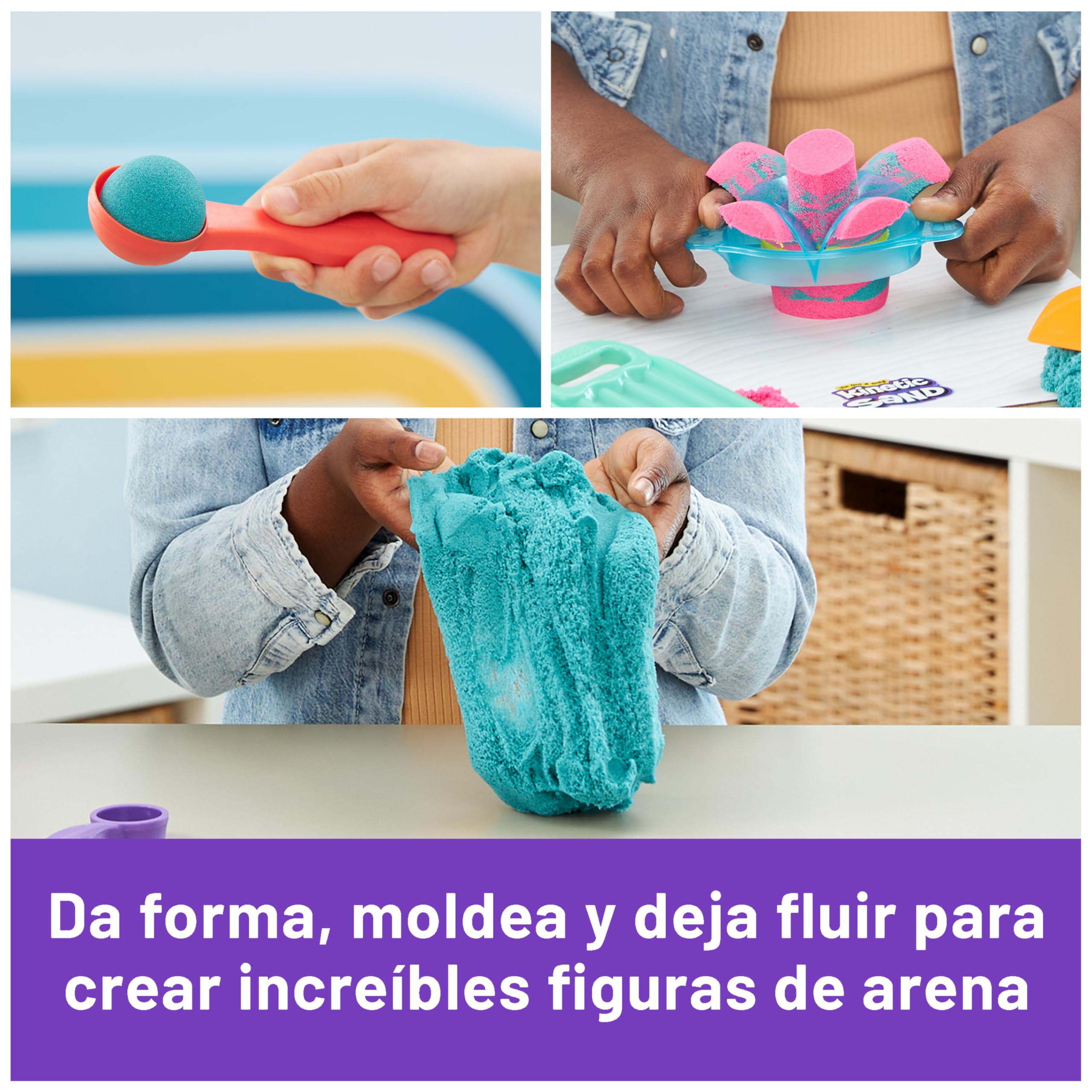 Kinetic Sand - Ultimate Sandisfying - 907 g de Arena Mágica Rosa, Amarilla y Azul + Moldes y Herramientas - Kit Manualidades Niños - Juguetes Sensoriales - Juguetes Niños 7 Años + - Arena Kinetica