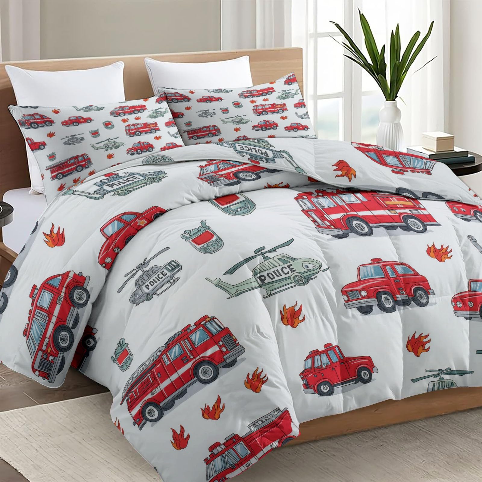 Weiß Bettdecke 135x200cm Feuerwehrautos Polizeiautos Ganzjahresdecke, Cartoon Bettdecke Ohne Bezug für Jungen, Weiche Waschbar Wende Steppdecke mit 2 Kissenbezug 80x80cm