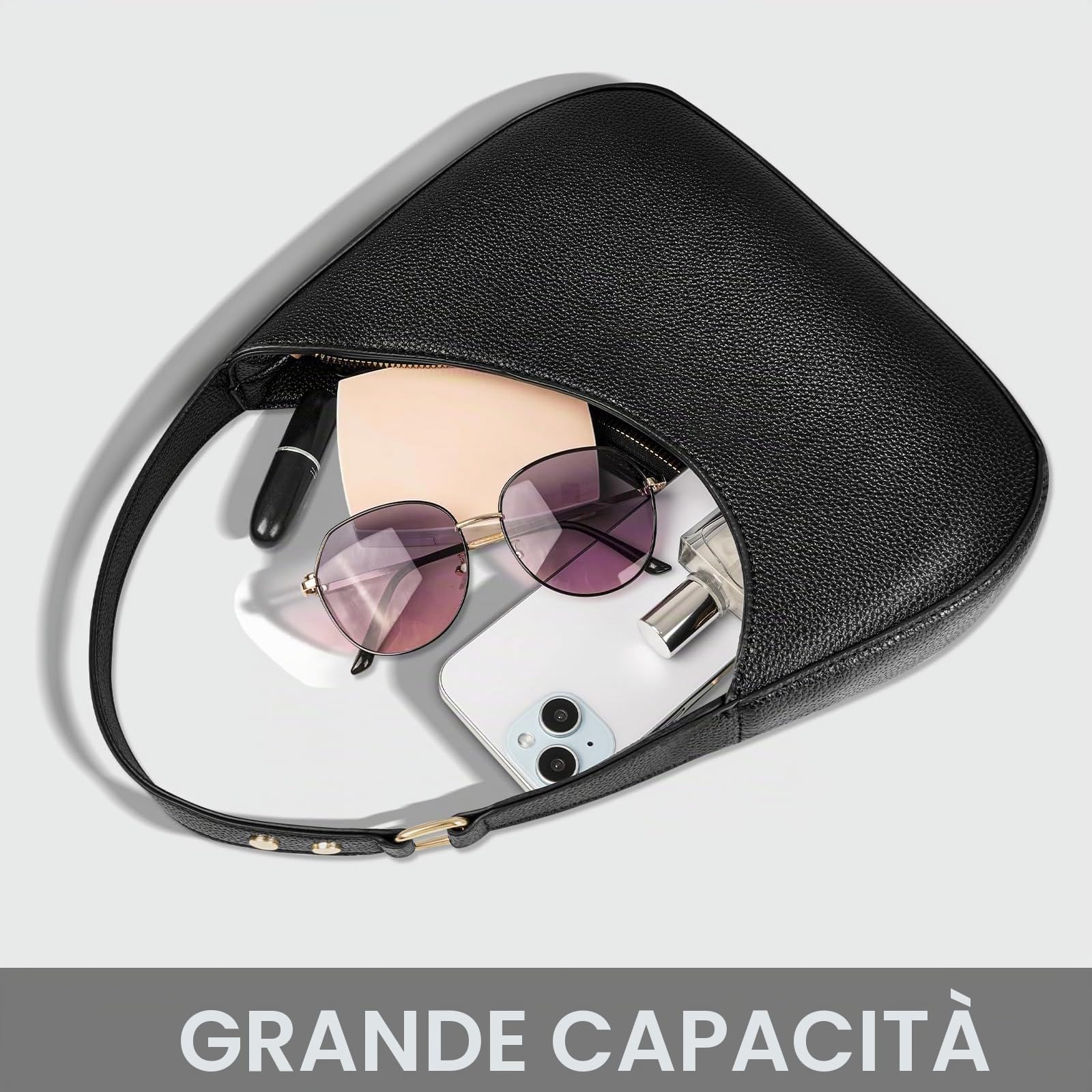 Borsa a tracolla Donna, Borsetta Donna e Borsa a tracolla Donna, Piccola borsa nera in pelle PU, Clutch a mezzaluna alla moda con cerniera, Borsa da sera per uscire