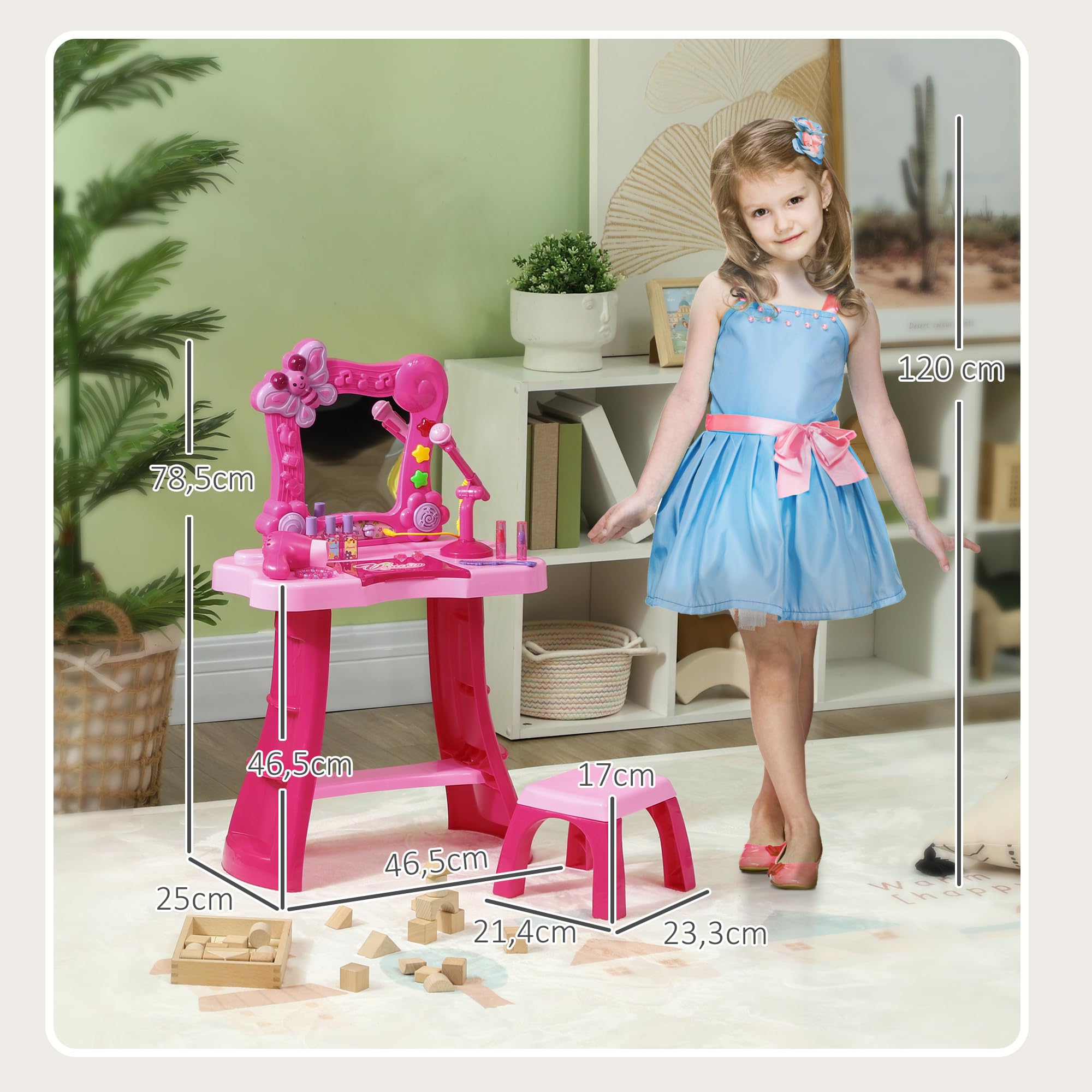 AIYAPLAY Ensemble de Coiffeuse pour Enfants 15 PCS, Table de Maquillage avec Tabouret et Miroir, lumière, Musique, Microphone, sèche-Cheveux, Espace de Rangement, pour Filles de 3 à 6 Ans, Rose