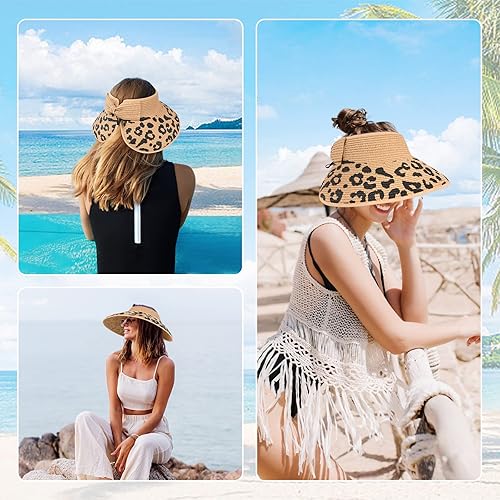 Miniatura 2 de Sombrero de paja con protección UV, visera de playa, sombrero de ala ancha, estampado de leopardo, enrollable, plegable para mujer