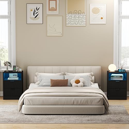 Miniatura 6 de Juego de 2 mesitas de noche negras, moderna mesita de noche LED acanalada con estación de carga, puertos USBC, mesitas de noche de granja con 2