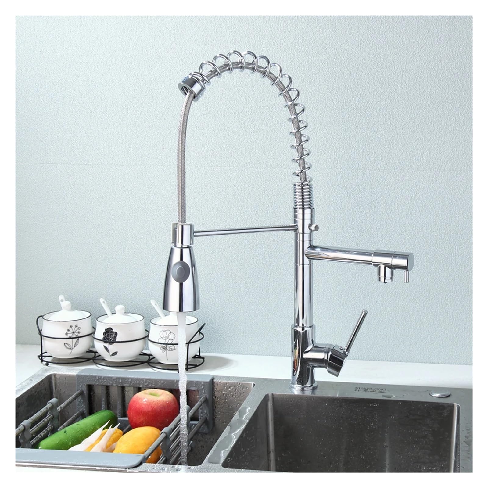 Robinet de cuisine extractible à ressort avec double bec verseur