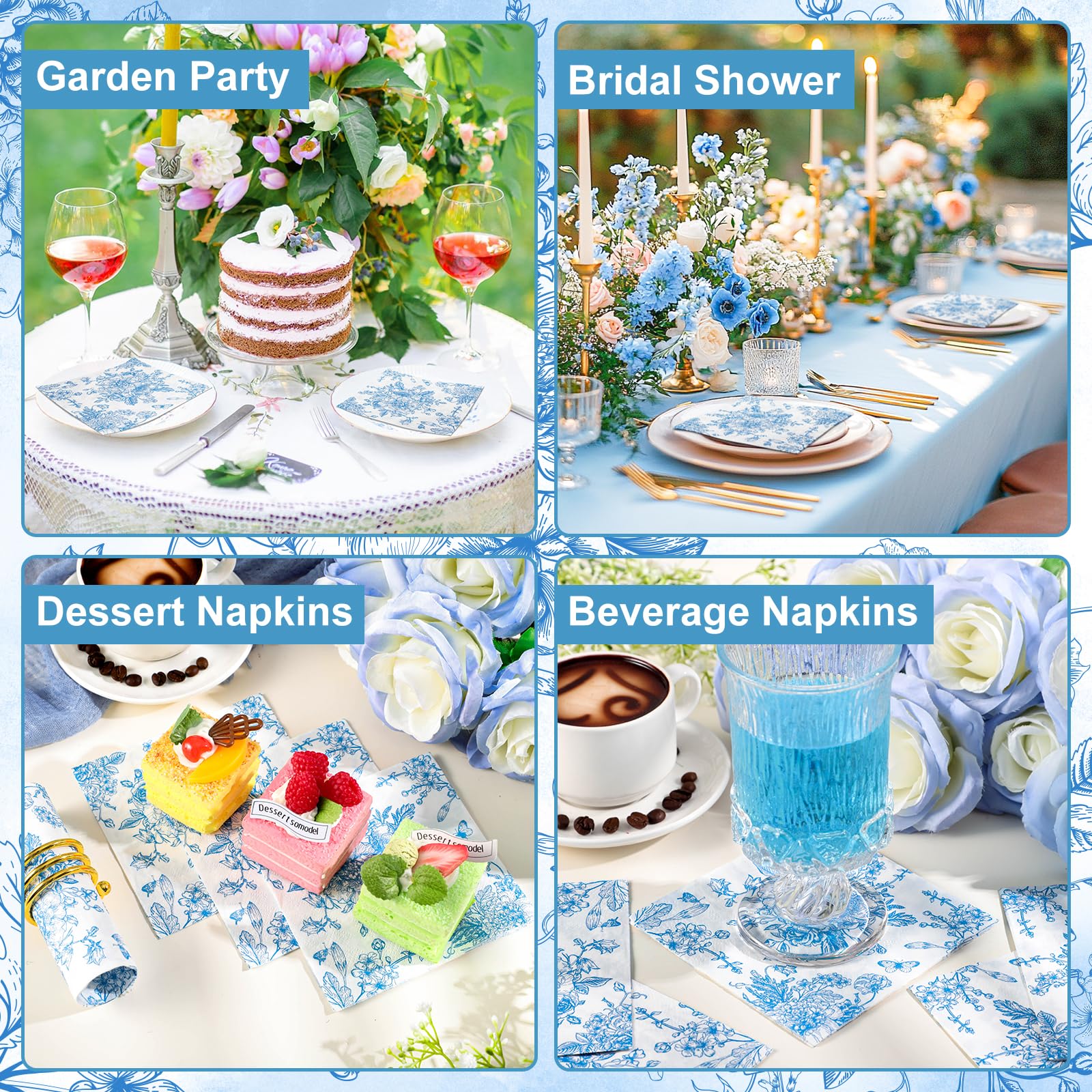 NatNarr 100 servilletas de cóctel florales azules, servilletas azules y blancas, diseño vintage de flores y mariposas, servilletas de postre, servilletas azules para baby shower, fiesta de té, fiesta