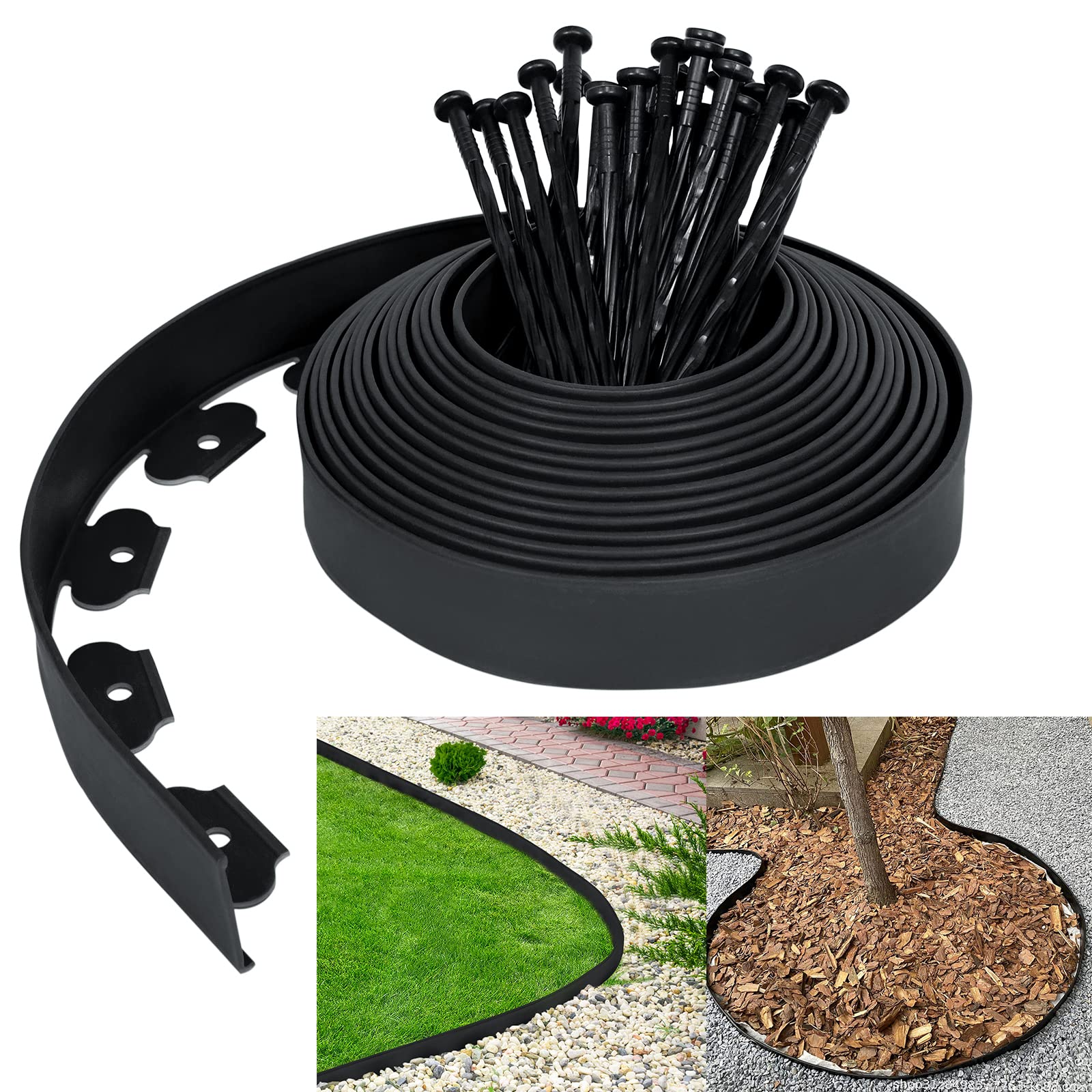 UISEBRT Bordure de Pelouse en Plastique 10m - Flexible Bordure de Jardin avec 30 Piquets d'ancrage Bordure de Gazon Décorative de Jardin, Noir