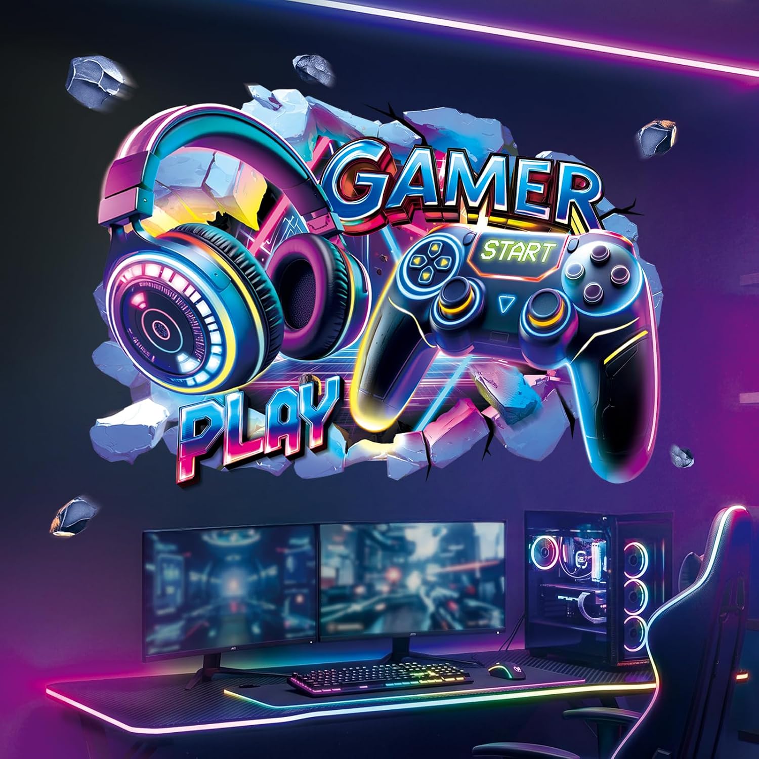 DECOWALL Large Gamer Wall Stickers, 3D Gaming Controller and Headphones Peel and Stick Wall Decals for Boys Bedroom, Kids Playroom, Teen Game Room Decor (SG2-2601)