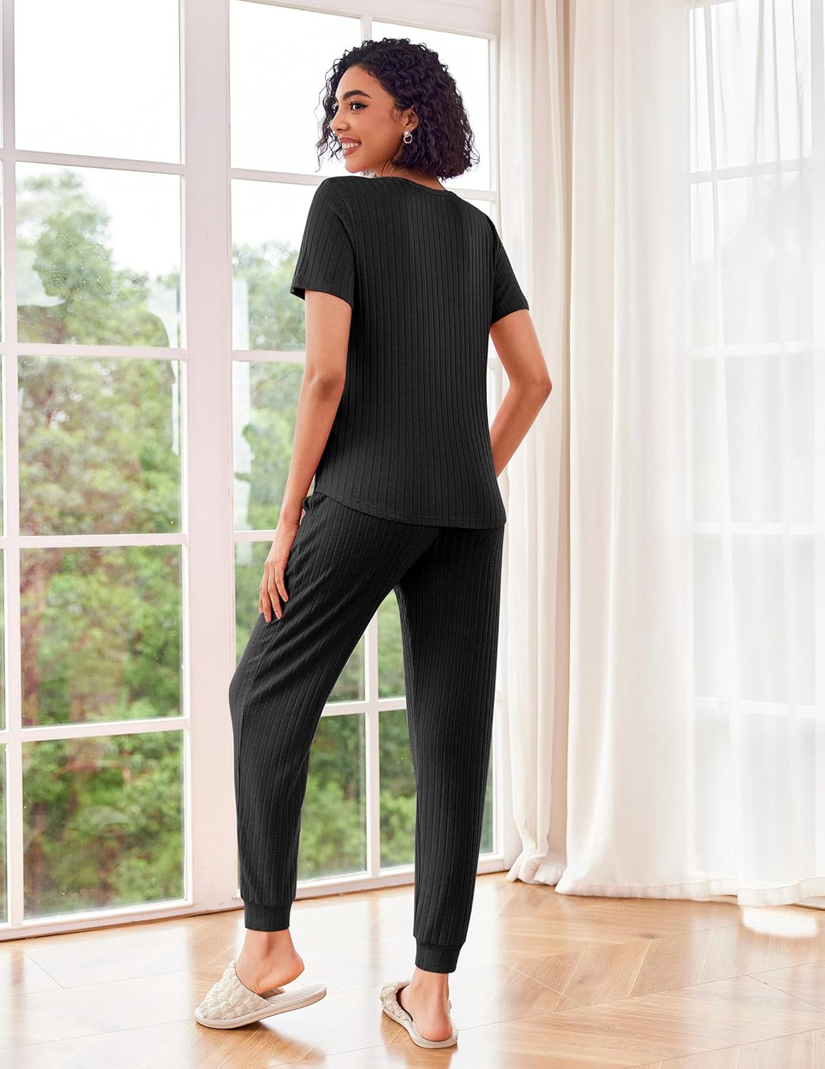 Ekouaer Pajamas for Women Set 2 Piece Rib Knit Lounge Set Joggers Loungewear Short Sleeve Pjs with Pockets - Image 3