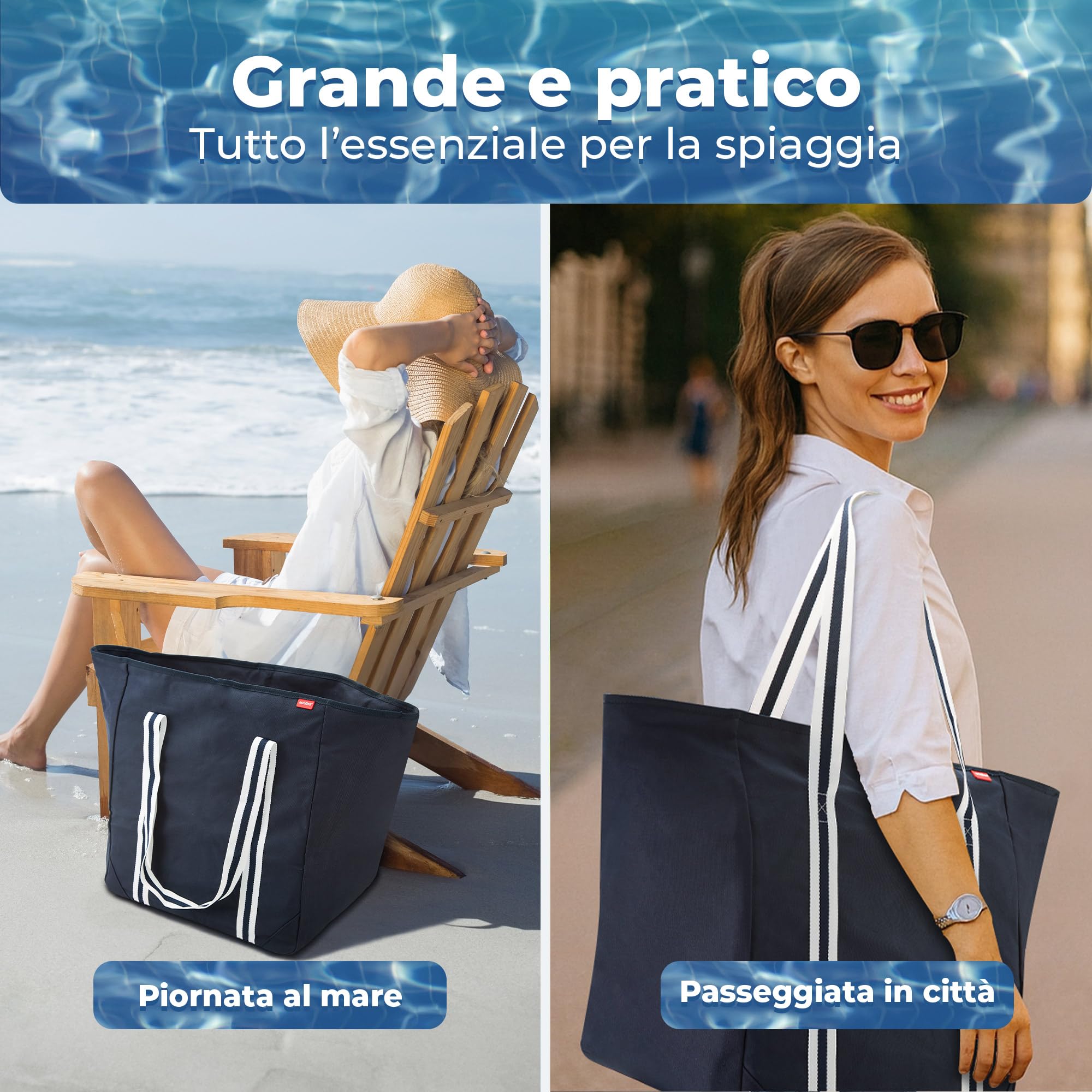 achilles Borsa per la spesa a spalla, shopper grande, borsa da spiaggia, borsa per il tempo libero, blu, 75 x 32 x 46 cm, Blu, XXL