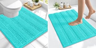 Smiry Striped Thick Bathroom Rug and Contour Toilet Rug, Size 24x16 + U-Shaped 24"x20" in Teal, 2 Item Bundle