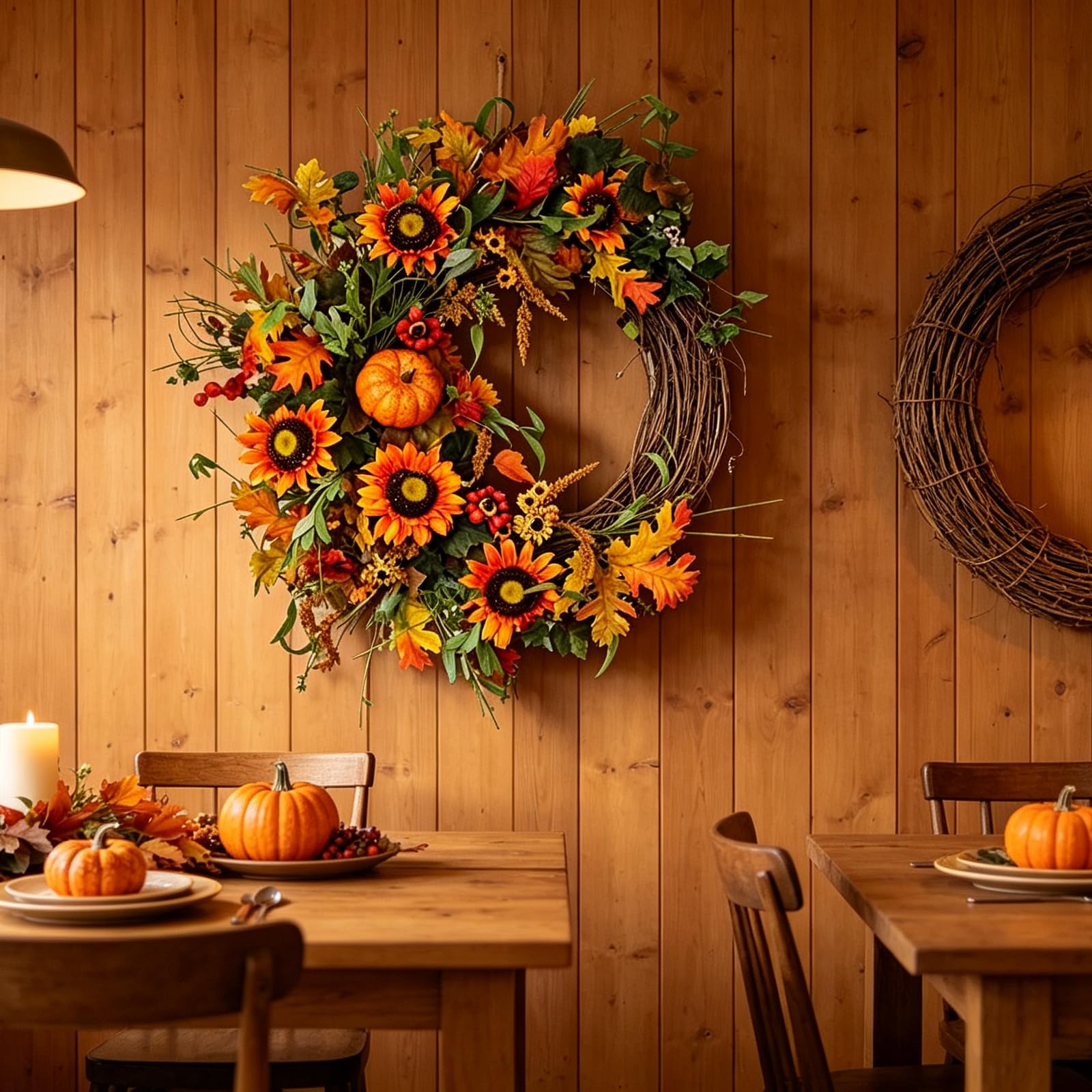 Artificial Fall Sunflower Pumpkin Wreath 45cm Autumn Maple Leaf Twig Wreath for Front Door, Multi-Scene Indoor Outdoor Thanksgiving Harvest Decor (55CM)