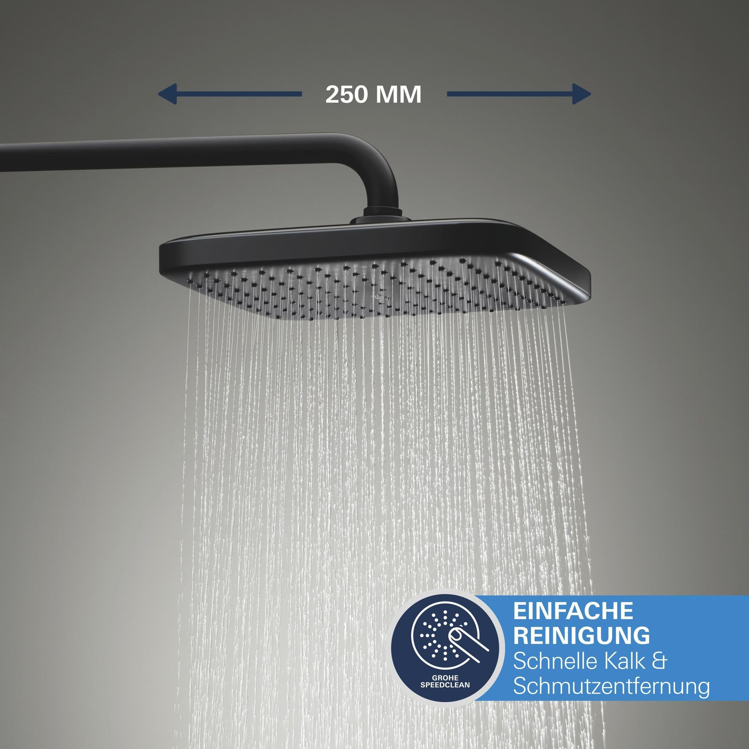 GROHE Precision 250, Unterputz Duschsystem (25cm Regendusche mit Thermostat, Kopfbrause 1 Strahlart, Duschkopf 2 Strahlarten, Komplettset, 1,50m Duschschlauch), eckig, schwarz, 348822430