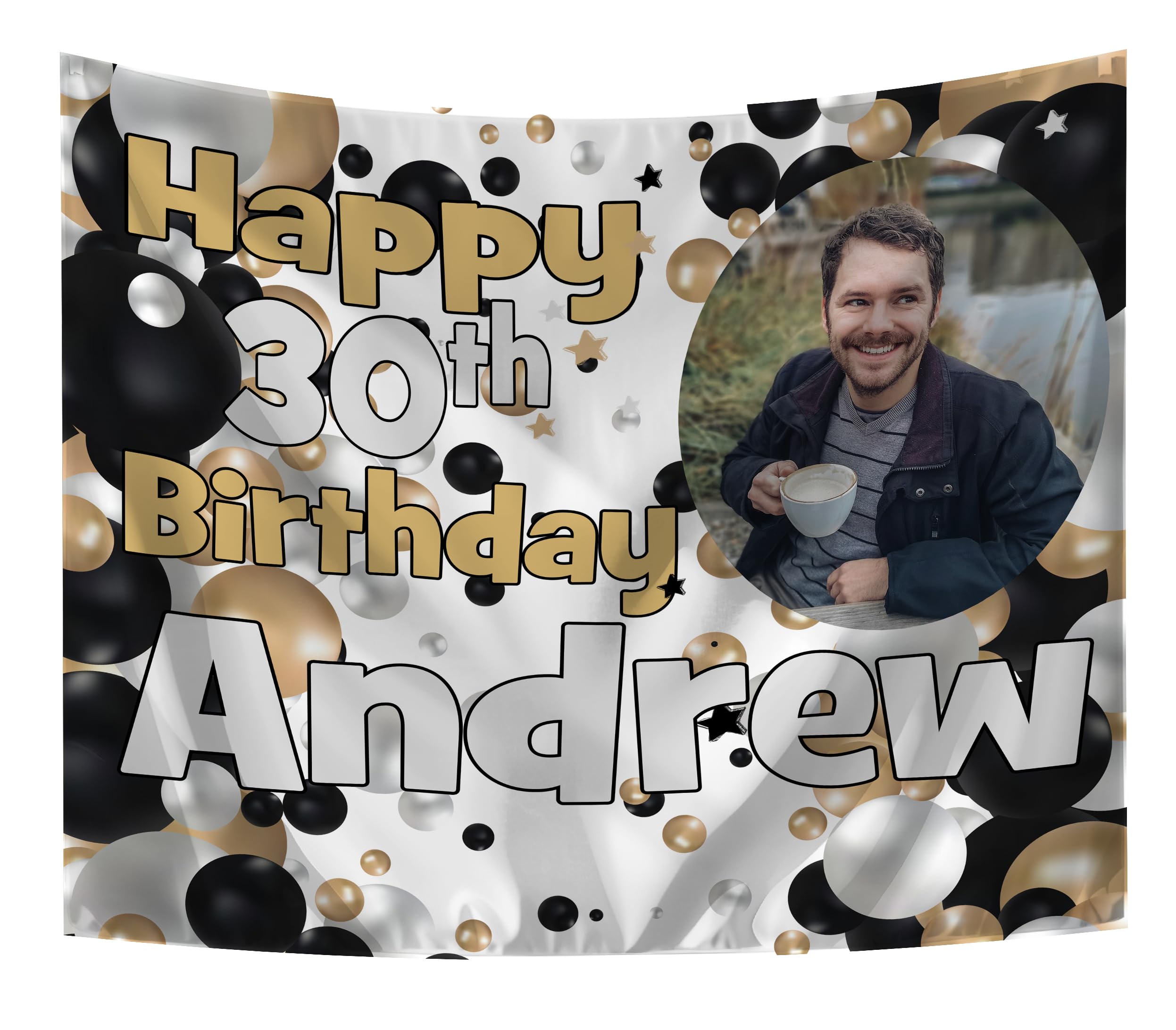 Large Personalised Birthday Backdrop with Photo Happy Birthday Banners for Men or Women Any Age 18th 21st 50th 60th 40th 16th 70th 30th Party Decorations Her Him Indoor Outdoor (Black, Gold & Silver)