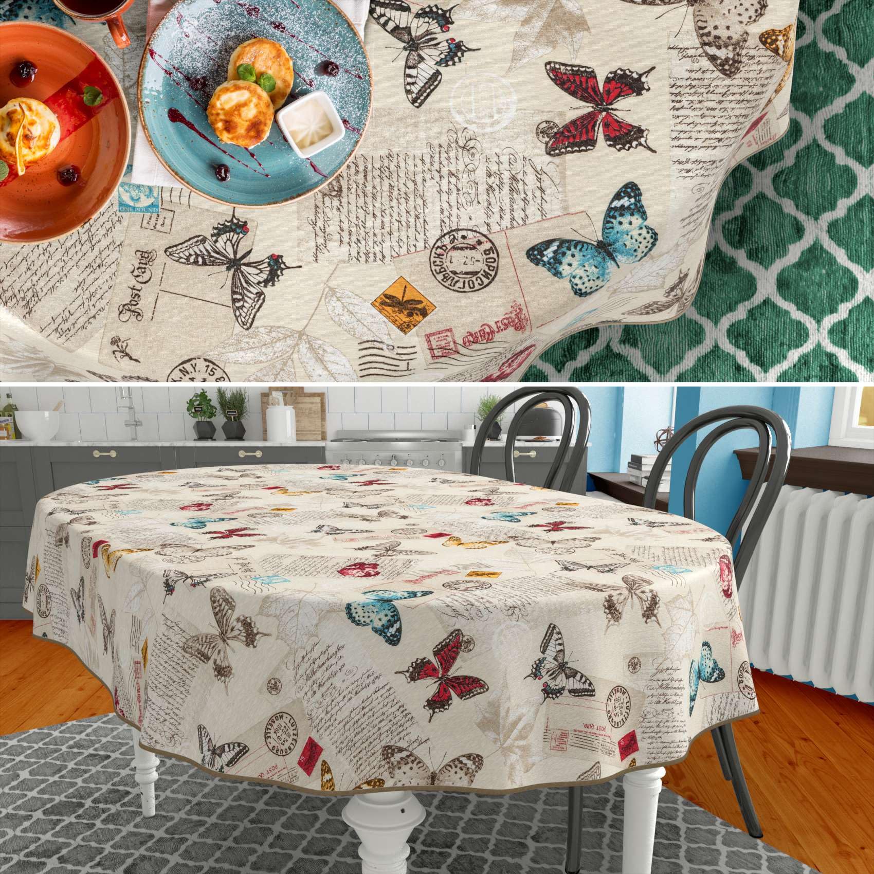 ANRO Tischdecke abwaschbar Schmetterlinge mit Saum oval 220x140 cm