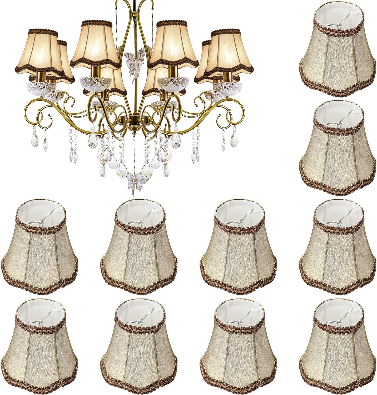 Riakrum 10 Pcs Shades for Chandeliers European Small Lamp Shade Chandelier Clip on Fabric Drum Lamp Mini Rustic Light Cover for Table Candle Wall Light Replacement, 3.1 x 5.5 x 4.7 Inch(Golden)