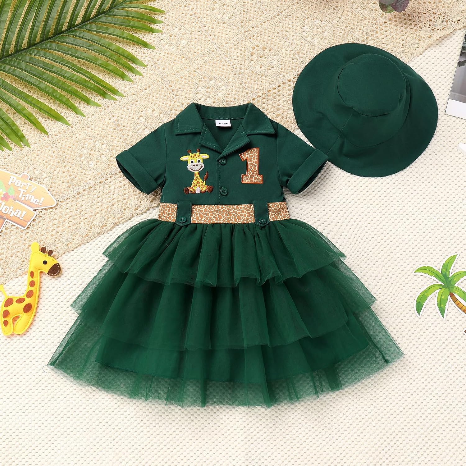 Baby Girl Safari Outfits with Hat Giraffe Jungle Animal Short Sleeve Toddler 1st Birthday Cake Smash Dress - Image 6