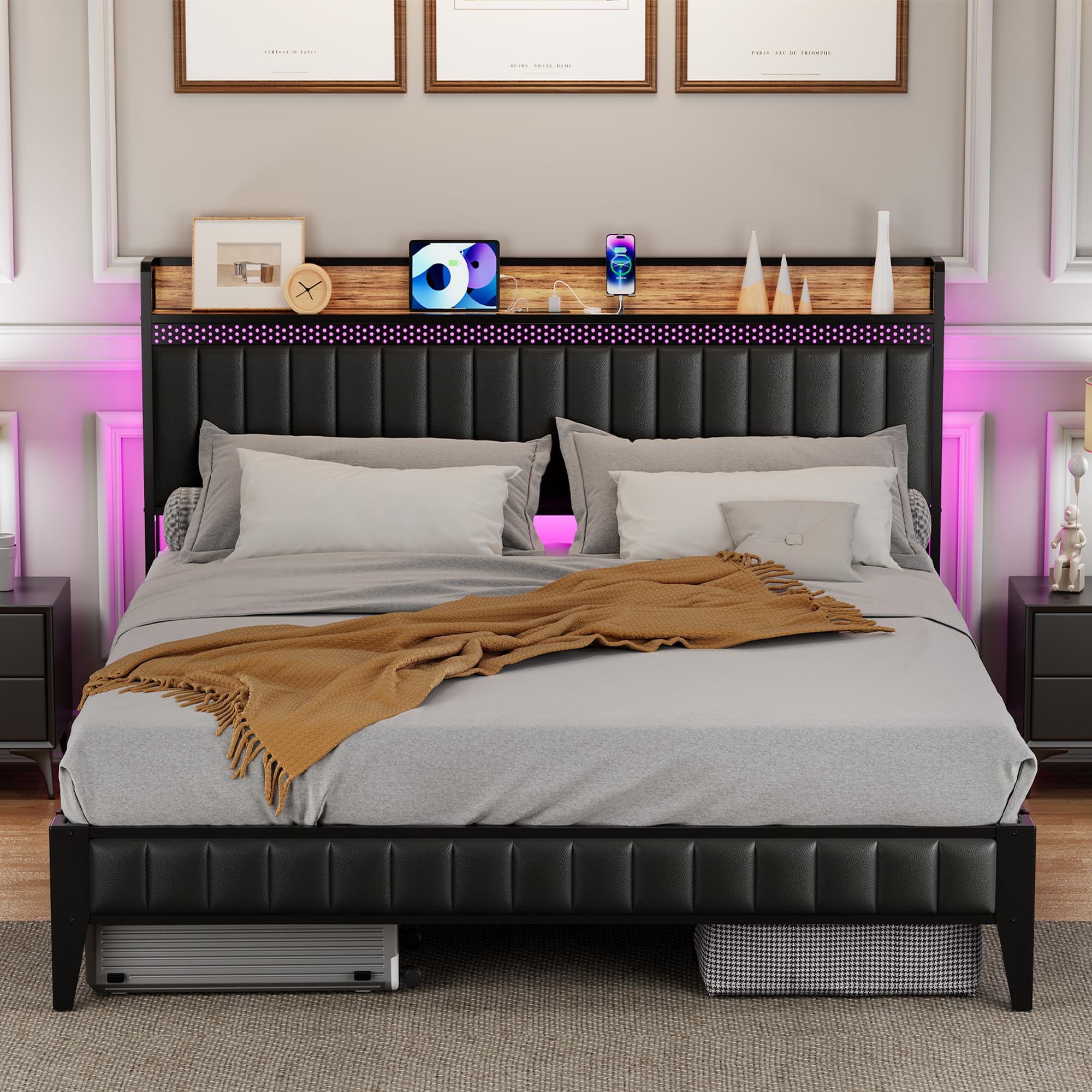 IDEALHOUSE King Bed Frame with Charging Station, LED Bed Frame with Storage Headboard, Upholstered Platform Bed Frame, No Box Spring Needed, Easy Assembly, Black