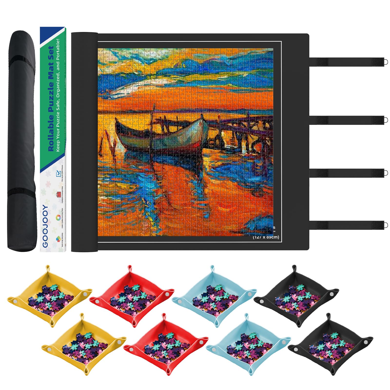 Gumowa mata do puzzli, do 2000 sztuk, antypoślizgowa mata zwijana, 120 x 80 cm, akcesoria do puzzli, przyjazna w podróży i przechowywaniu (8 tacek do sortowania + 1 torba do przechowywania)