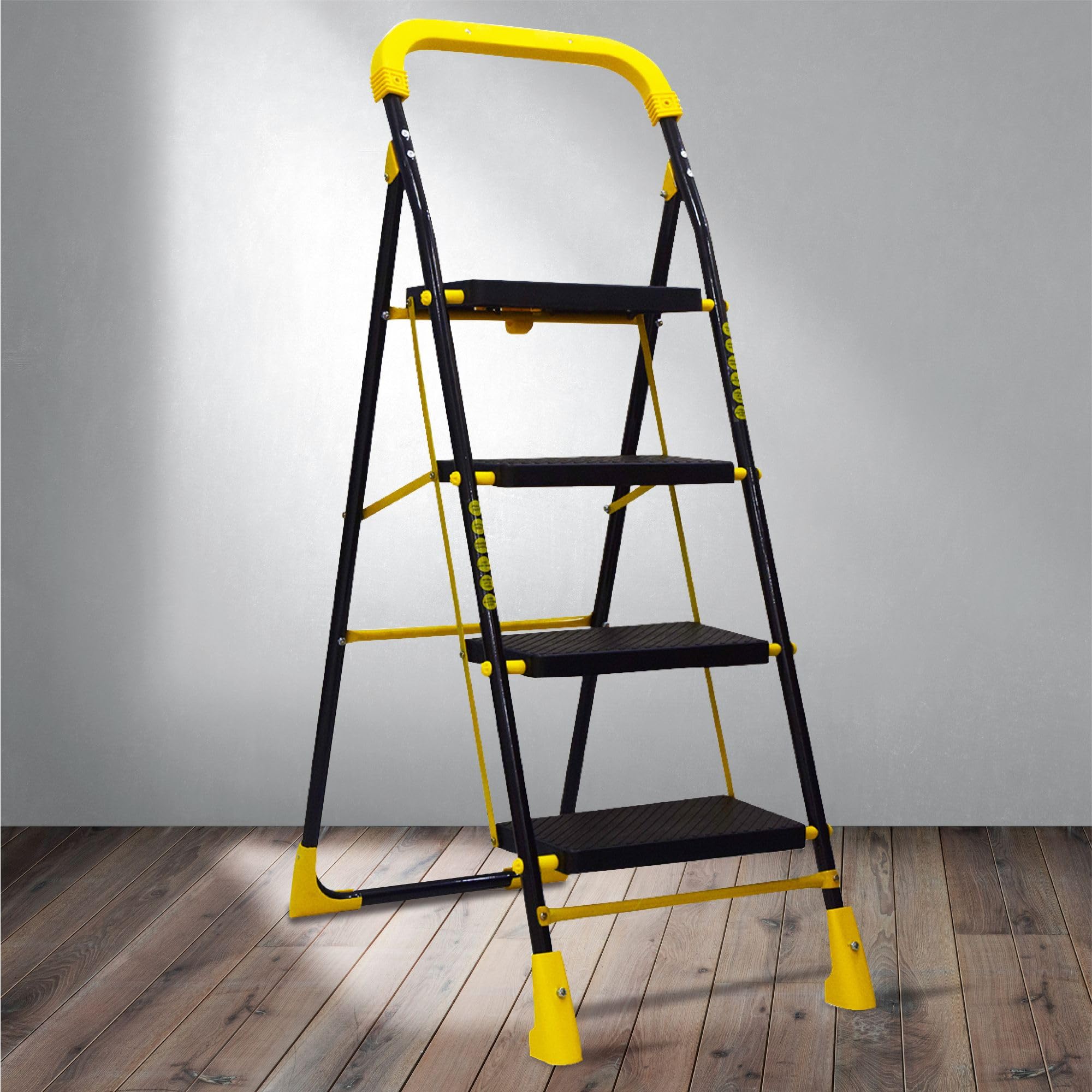Trendy Cameo 4 Step Heavy Duty Foldable Step Ladder with Anti-Skid Shoes and Extra Strong Wide Steps (Yellow & Black)