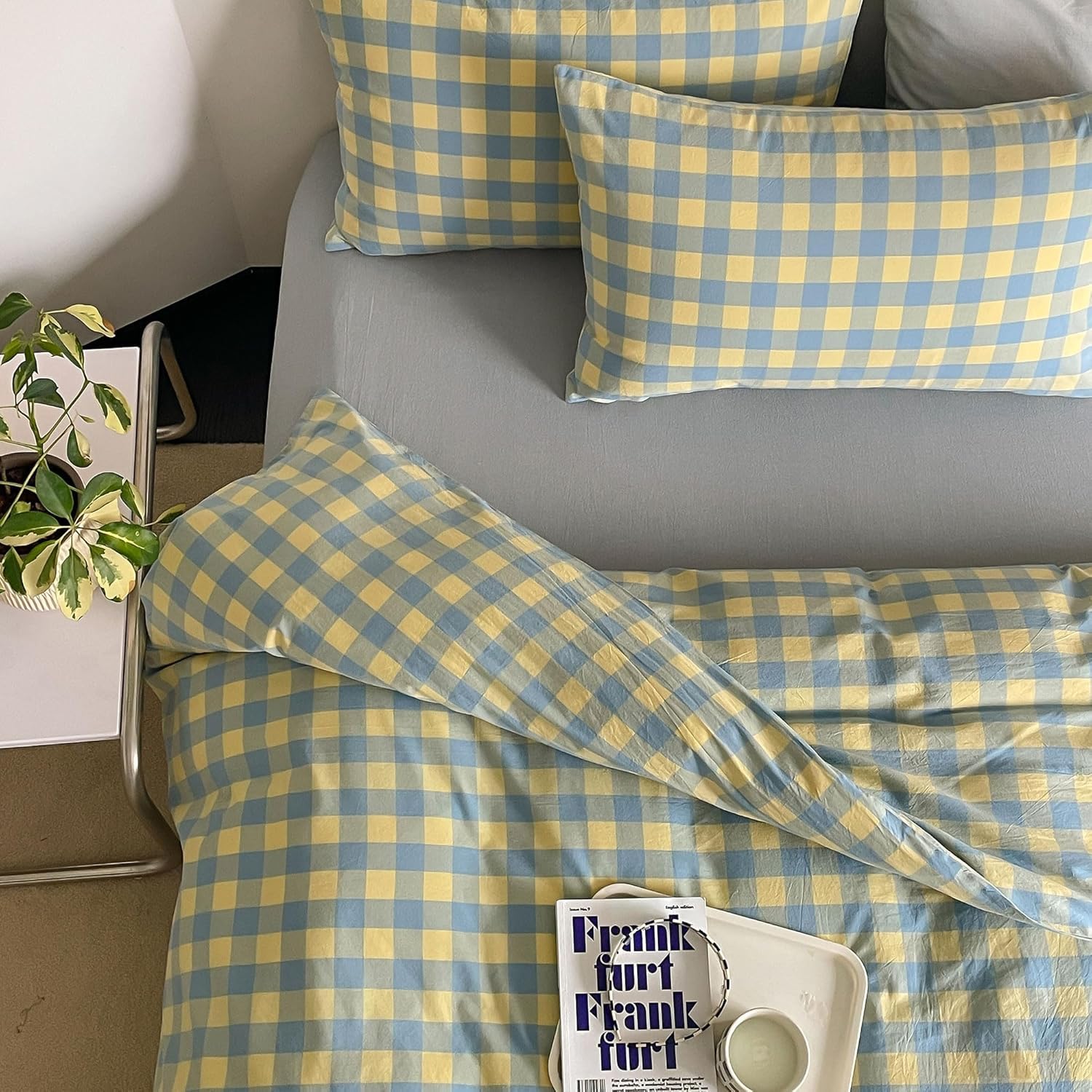 mixinni Plaid Duvet Cover Set Twin Yellow - Soft Washed Cotton Modern Geometric Bedding Set with 2 Pillowcases, Blue Green Gingham Grid Twin Duvet Cover for Men &amp; Women, Soft &amp; Lightweight