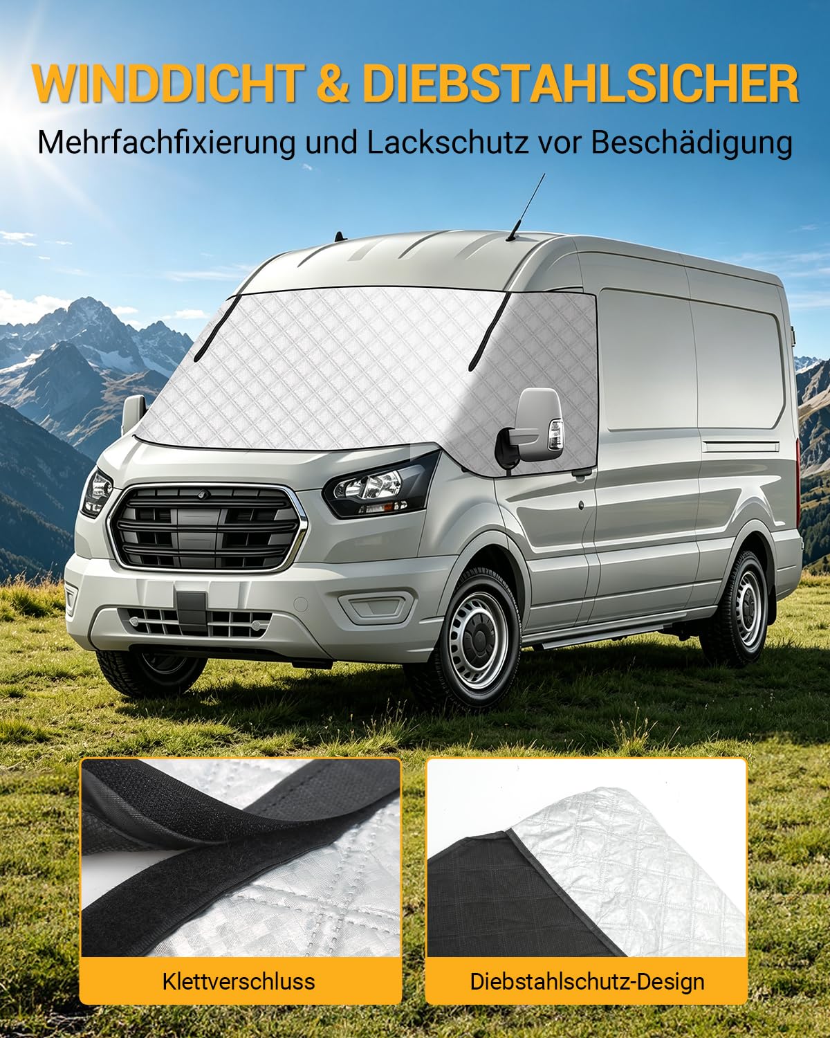 Frontscheibenabdeckung MK8 MK9 Thermomatte Wohnmobil mit Zipper | Windschutzscheibenabdeckung, Aluminiumfolie, UV-Schutz, Wasserdicht, für F-ord Transit MK8 und MK9 2015–2026