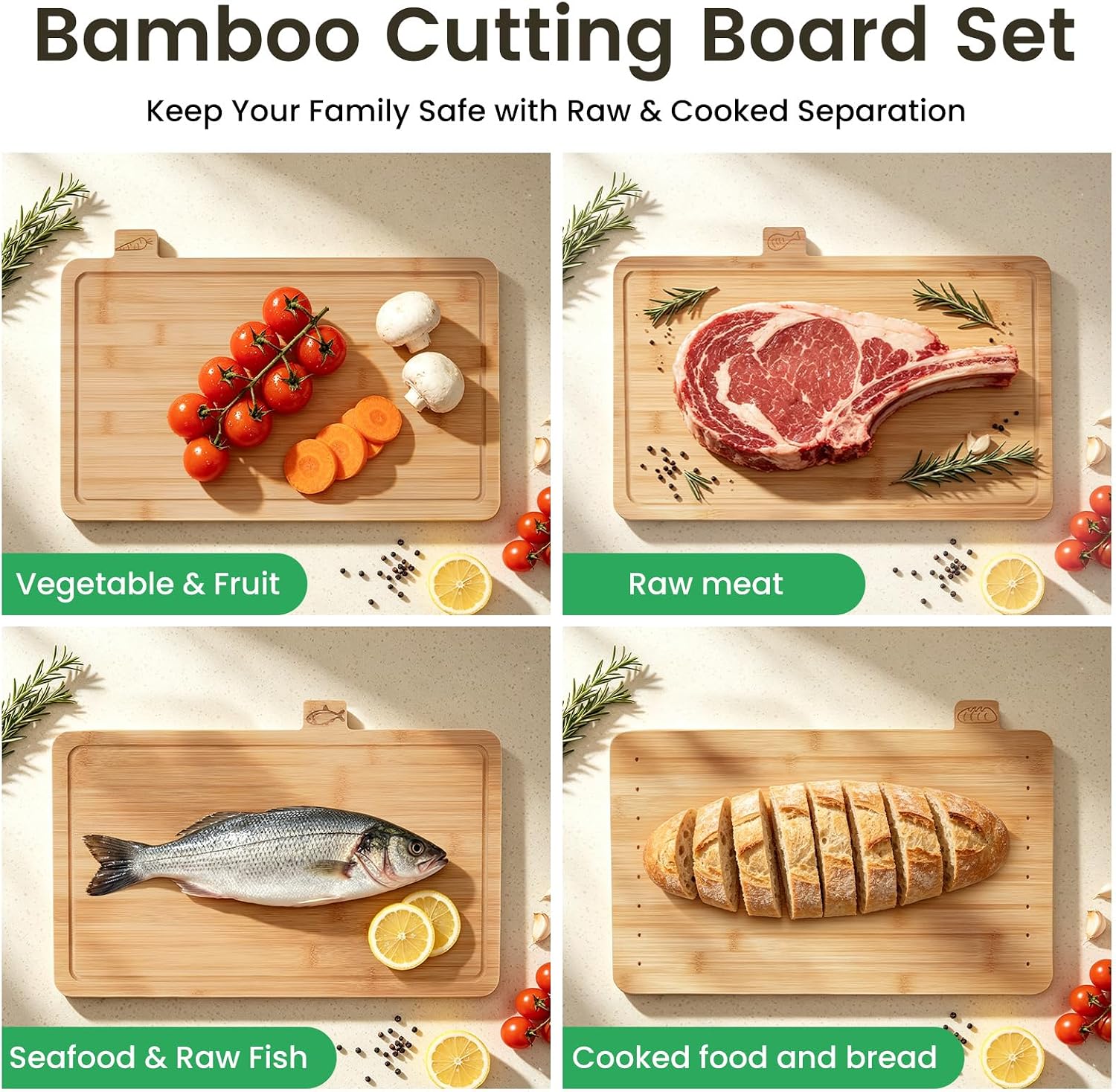 Labeled Bamboo Cutting Board Set with Storage Rack, 4-Piece Bamboo Chopping Boards for Meat, Fish, Bread & Vegetables, Kitchen Countertop Organizer with Holder, 19.9" x 4.7" x 12.6"