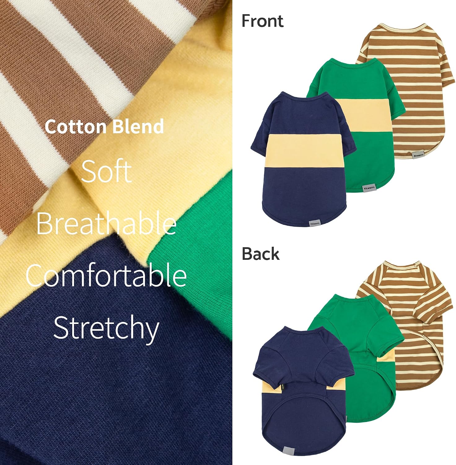 Fitwarm 3 Pack Color Block Striped Dog Shirt, Summer Dog Clothes for Small Dogs, Breathable Lightweight Dog Tshirt, Pet Outfit, Navy Blue, Sea Green, Brown, Medium
