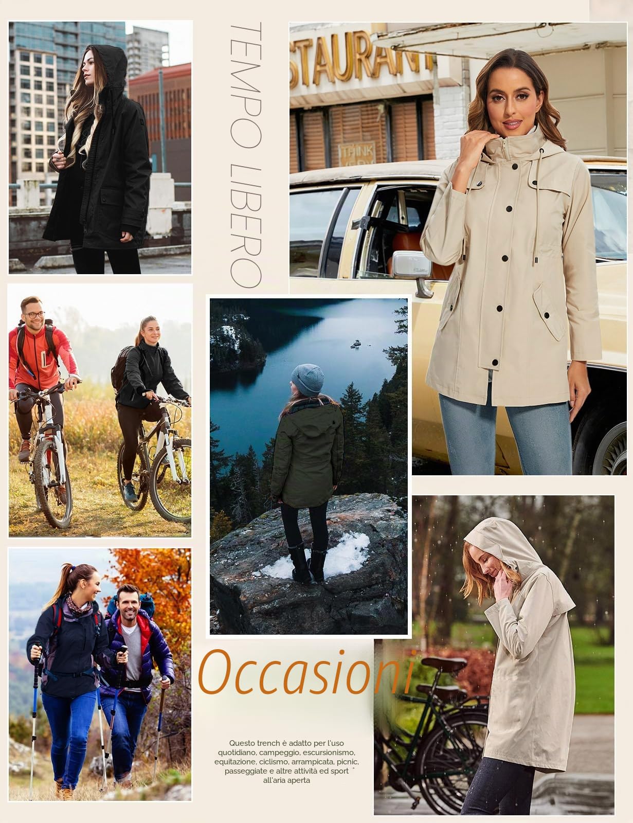 UMIPUBO Giacca Impermeabile Donna Leggero Cappotto con Cappuccio Pioggia Lunga Fodera a Scacchi Vento Giacca Antipioggia Sportiva Trekking Outdoor Giacca a Trench All'aperto