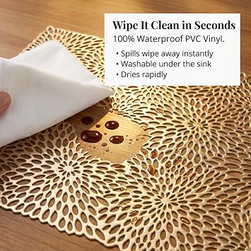 Decozen Placemats Set of 6 Vinyl PVC Placemats Perforated, Table Protector for Kitchen Decor & Home Decor, Scratch & Heat Resistant Place mats Washable Wipeable Table Mats for Indoor Outdoor Use, Gold