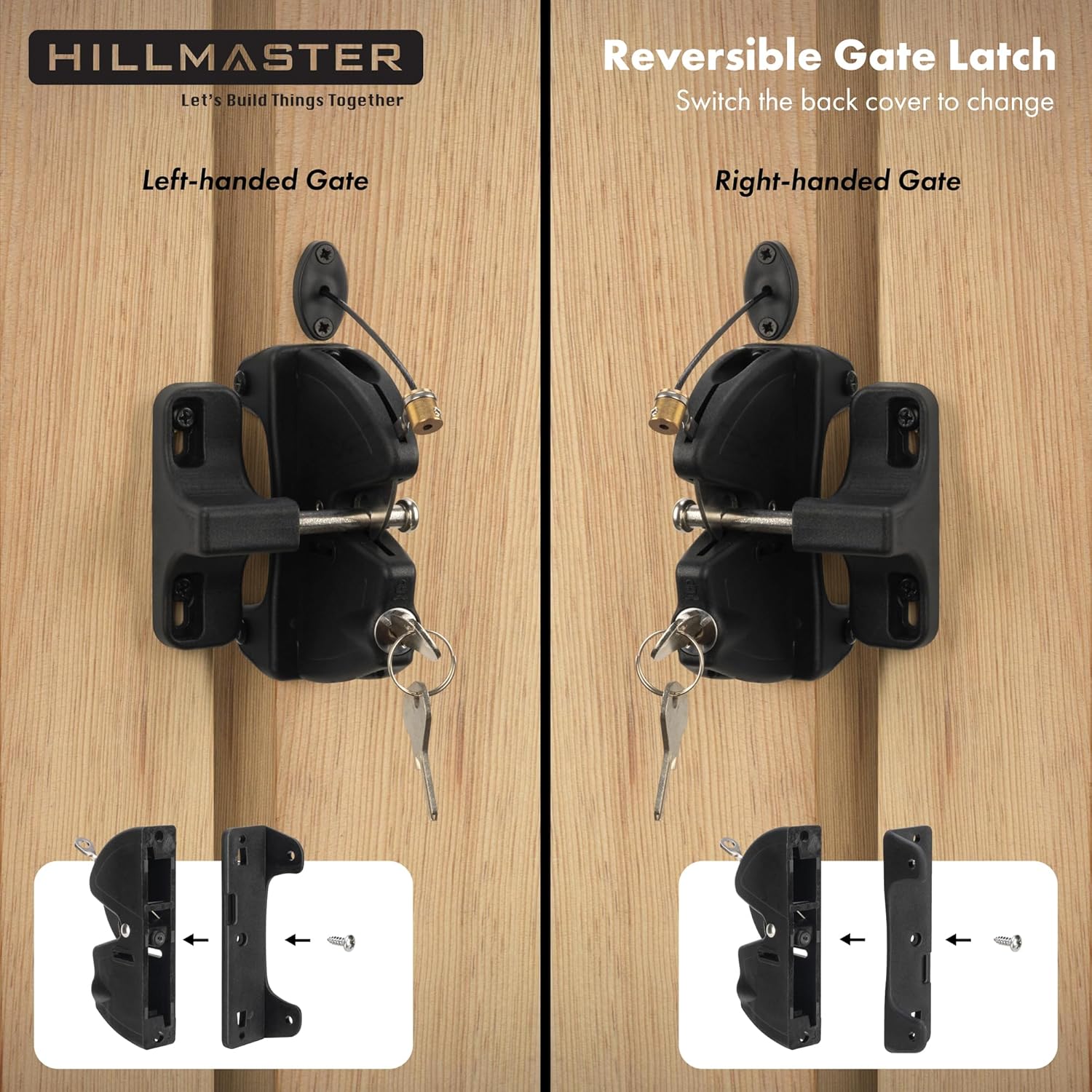 Key Lockable Two-Sided Gate Latch for Outdoor Fence, Operates 2 Side of The Gate for Square Frame Post, Rustproof Fence Latch Gate Lock for Metal, Wood, Vinyl Fence Gates,Gate Hardware,Black Finish