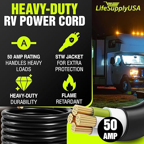Miniatura 43 de Cable de extensión RV de 50 pies de 50 amperios (14-50P/SS2-50R) con 4 clavijas macho y mango de agarre, hembra con conector de bloqueo giratorio