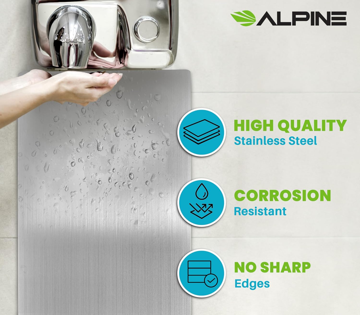 Alpine Stainless Steel Hand Dryer Wall Guard Sheet Protector for Bathroom, Kitchen & Office with Heavy Duty 3M Adhesive, Easy to Clean, Heat & Water Resistant, 31.8” x 15.8”