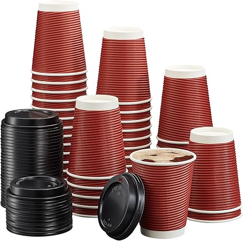 50 juegos de tazas de café caliente aisladas de 12 onzas con tapas, papel desechable de fácil agarre ondulado burdeos para llevar