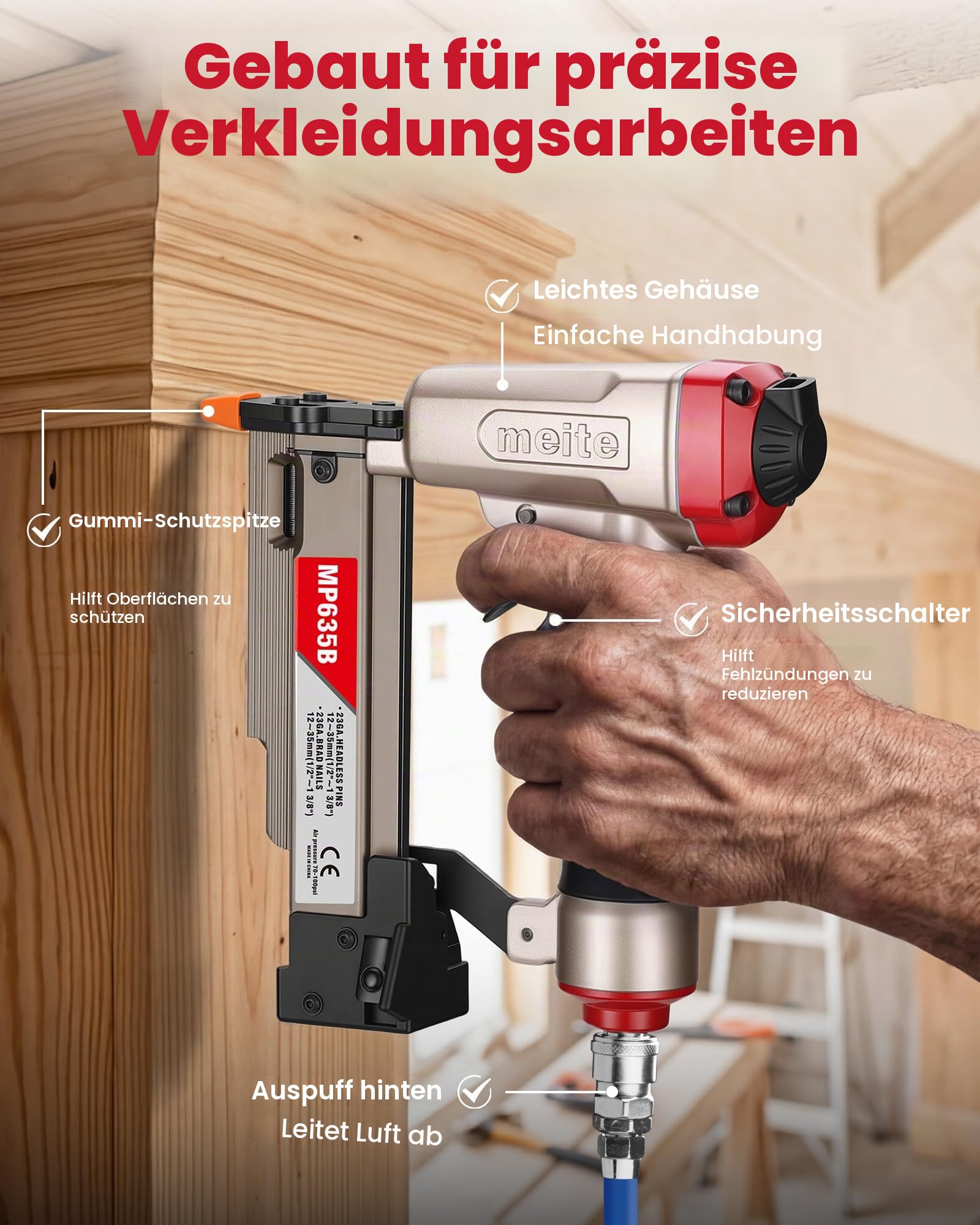 meite MP635B Druckluft Stiftnagler mit 10000 Stück 23 Ga 25 mm Kopflose Stifte, Kompakte für 12–35 mm Länge, Druckluft-Nagelpistole Kompakte für Zierleisten, Bilderrahmen und Feine Holzarbeiten