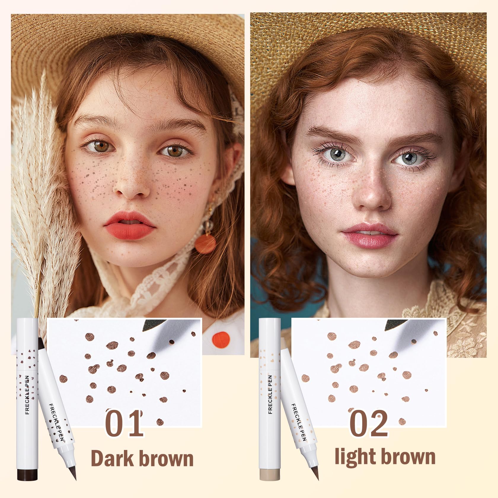 6PCS 2 Colors Freckle Pen,Natural Lifelike Liquid Fake Freckle Pen Waterproof Freckle Makeup Pen Magic Freckle Color,Long Lasting Quick Dry Faux Freckle Pen (Light Brown & Dark Brown)