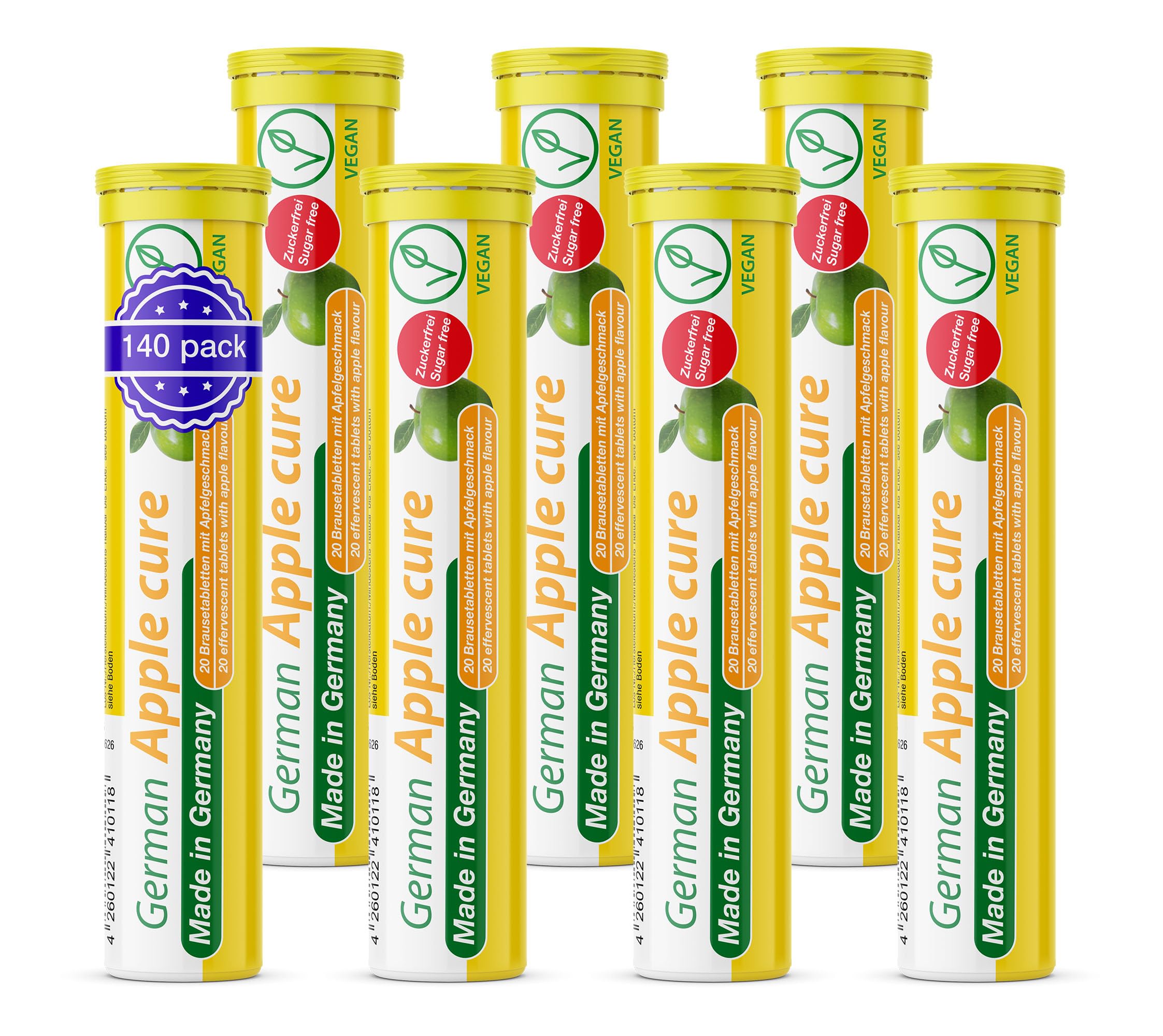 T&D German Apple Cure 140 Brausetabletten - Vegan, Zuckerfrei - Apfelessig + Vitamin B6 - Made in Germany