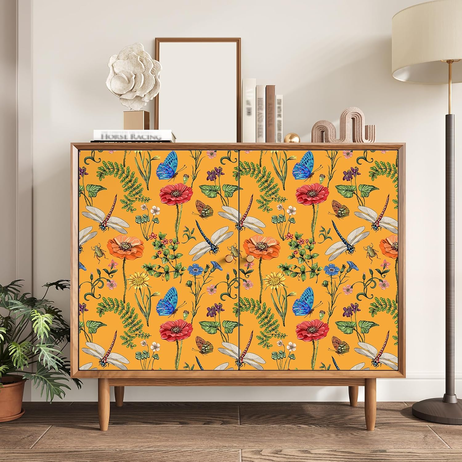 VEELIKE Yellow Floral Peel and Stick Wallpaper Vintage Dragonflies Butterflies Floral Wallpaper for Bedroom Nursery 17.7''x354'' Removable Prepasted Wallpaper Yellow Contact Paper for Cabinets Drawers