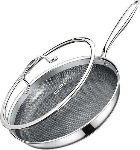 Miniatura 10 de GiPP Sartén de acero inoxidable de tres capas, sartenes híbridas de 12 pulgadas, antiadherentes, aptas para lavavajillas y horno, listas para