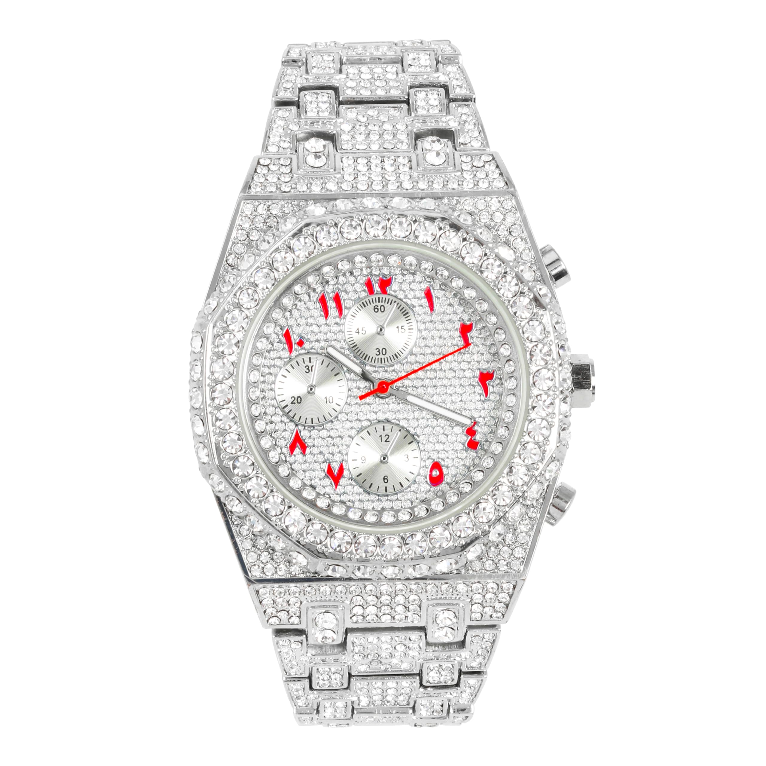 Men's Iced Out 43mm Octagon Shape Watch, Quartz Movement - Silver Red Arab Dial