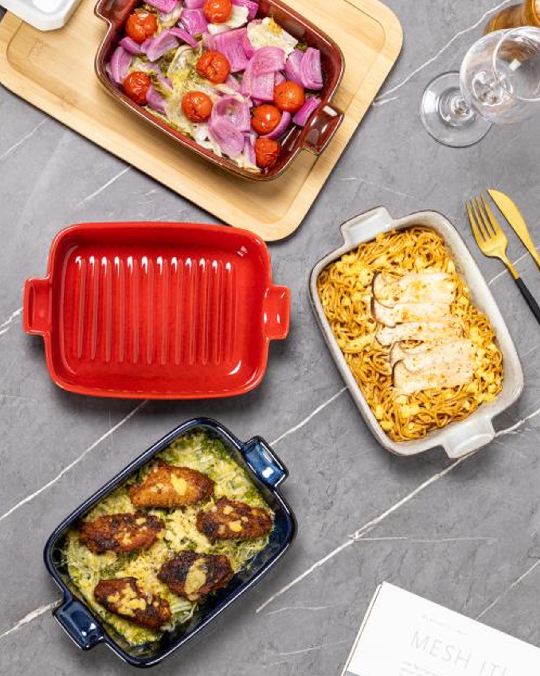 HENXFEN LEAD Małe formy do pieczenia, porcelanowe formy do zapiekanek, prostokątne, do lasagne, brownies, warzyw, 4-częściowy zestaw foremek do pasztetów z ceramiki, cztery kolory.