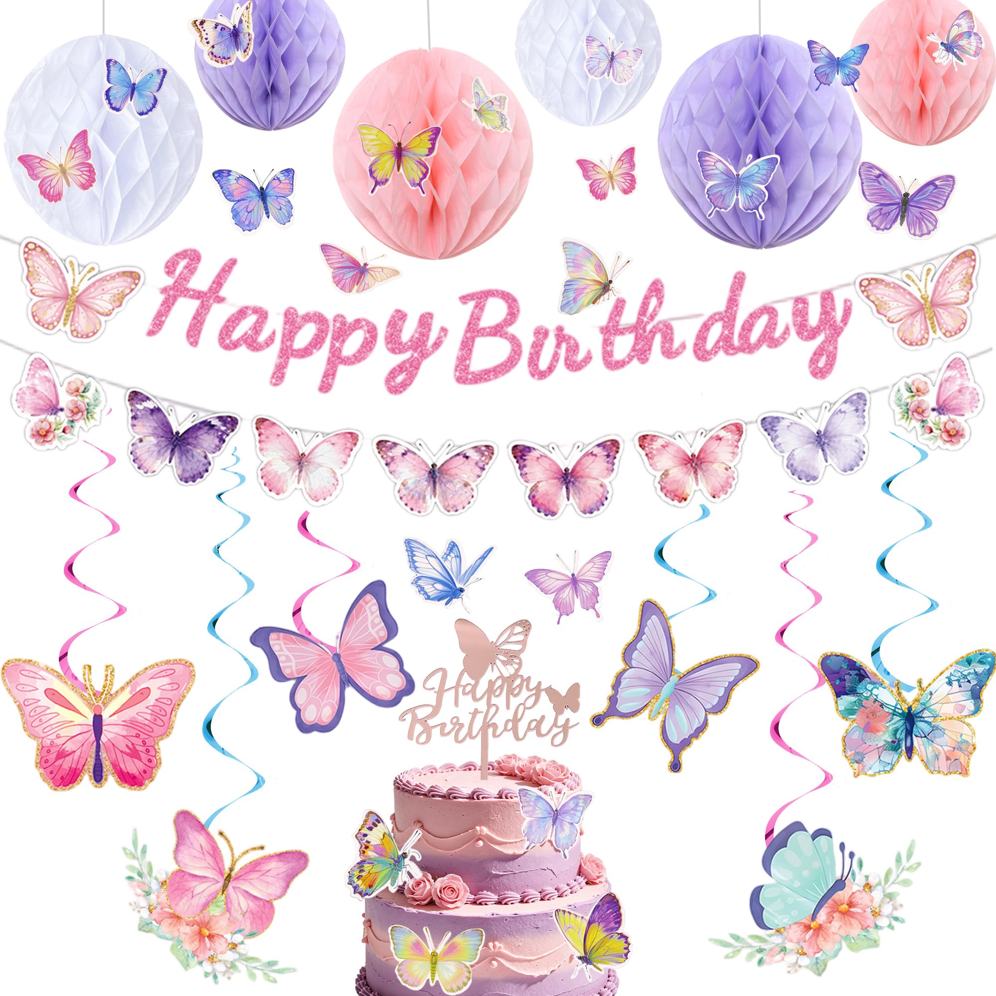 Butterfly Birthday Party Decorations, Pink Purple Happy Birthday Banner Hanging Swirls Honeycomb Balls, and Cake Topper for Girls Baby Shower Bridal Shower Party Decor