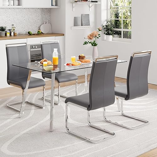Miniatura 8 de Juego de mesa de comedor de cristal para 4, mesa rectangular con 4 sillas de cocina de cuero gris, juego de comedor de cocina de 51 pulgadas, mesa