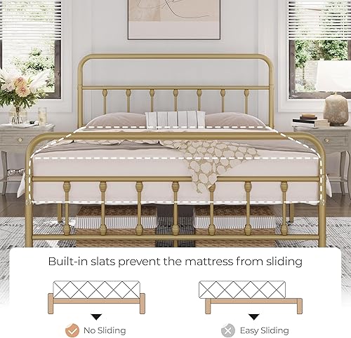 Miniatura 4 de Yaheetech Base de cama clásica de metal con base de colchón con estilo victoriano, cabecera, estribo, almacenamiento debajo de la cama, no necesita