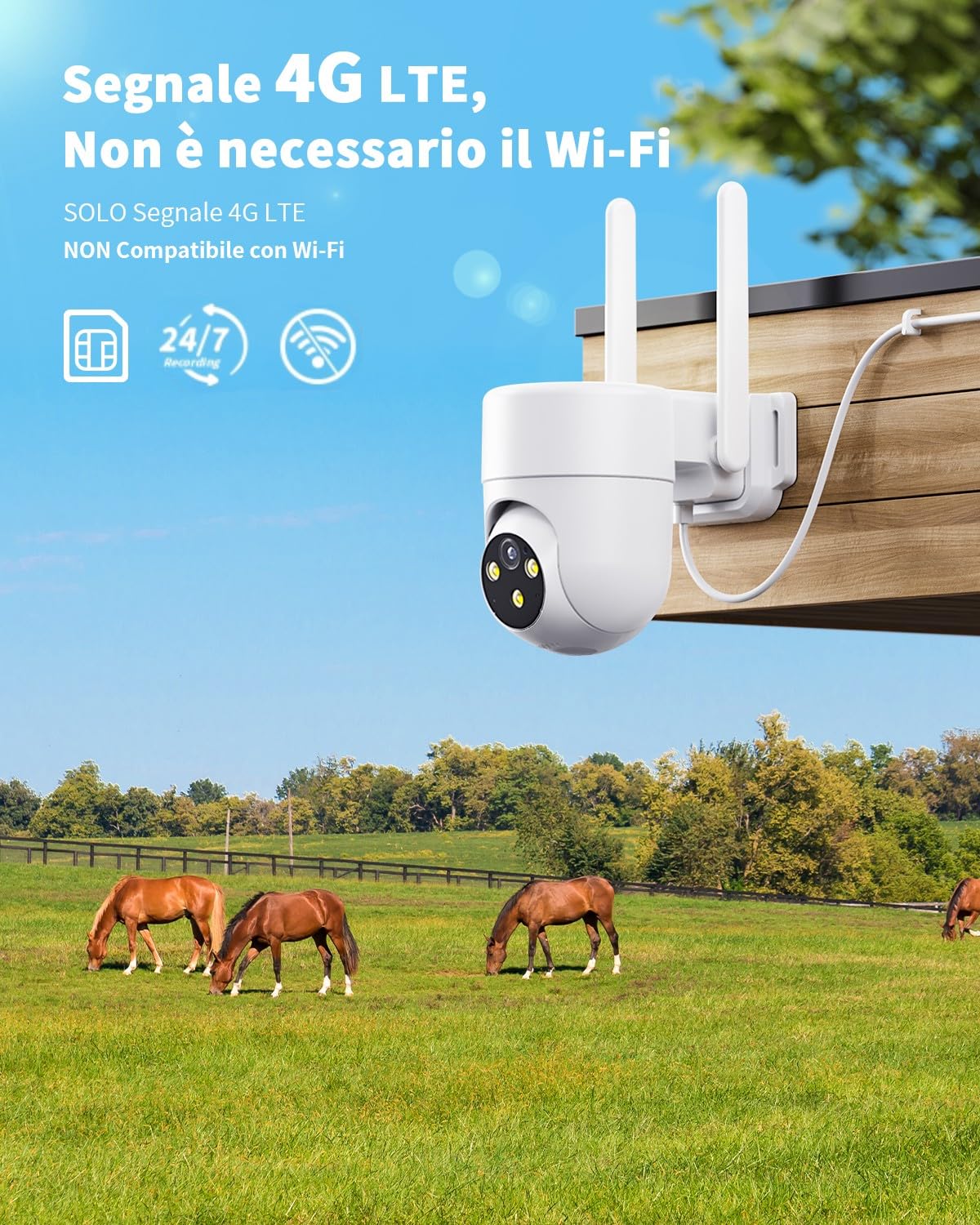 4G LTE Telecamera 24/7 Continua Registrazione con Sim Esterno, 2K Videocamera Sorveglianza PTZ 360°, con AI Rilevamento Umano e Visione Notturna a Colori, Audio Bidirezionale